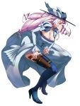  1girl alternate_costume blue_dress breasts cleavage_cutout clothing_cutout don_(rg06268) dress drill_hair gun hat high_heels highres holstered_weapon large_breasts leaning_forward long_hair macross macross_delta mikumo_guynemer purple_hair red_eyes solo victorian weapon white_background 