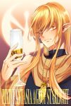  1boy blonde_hair champagne_flute copyright_name cup drinking_glass golden_emperor_shara highres jewelry long_hair male_focus necklace orange_eyes pixiv_fantasia pixiv_fantasia_age_of_starlight pointy_ears solo starcrystal83 upper_body 
