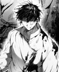  1boy blood bloody_clothes closed_mouth collarbone cropped greyscale hair_between_eyes hatching_(texture) highres jujutsu_kaisen male_focus monochrome okkotsu_yuuta orimoto_rika scratches shunnyun smile solo upper_body 