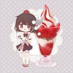  1girl black_neckwear blush_stickers bow bowtie brown_hair collared_shirt food fruit full_body glass hat highres ice_cream linda_18 looking_at_viewer minigirl open_mouth polka_dot polka_dot_background pom_pom_(clothes) puffy_short_sleeves puffy_sleeves red_eyes shameimaru_aya shirt shoes short_hair short_sleeves skirt smile solo spoon sprinkles strawberry sundae tokin_hat touhou white_shirt 
