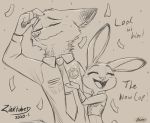  2020 anthro arzmx bodily_fluids canid canine clothed clothing confetti dialogue disney duo english_text eyes_closed female fox fur hi_res inktober judy_hopps lagomorph leporid male mammal necktie nick_wilde open_mouth open_smile police_uniform rabbit red_fox shirt smile sweat sweatdrop text topwear uniform zootopia 