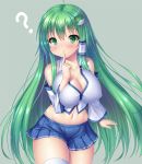  1girl :o ? bare_shoulders blue_skirt blush breasts cleavage collarbone covered_nipples cowboy_shot detached_sleeves finger_to_mouth frog_hair_ornament green_background green_eyes green_hair hair_ornament hair_tubes kochiya_sanae large_breasts long_hair midriff miniskirt navel shirt simple_background skirt snake_hair_ornament solo takeponi thighhighs touhou very_long_hair white_legwear white_shirt 