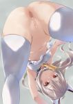  1girl amasora_taichi anus armpit_crease ass ayanami_(azur_lane) azur_lane bangs bar_censor bare_shoulders blue_sailor_collar blush breasts censored collarbone commentary_request covered_nipples eyebrows_visible_through_hair grey_background hair_between_eyes headgear long_hair looking_at_viewer medium_breasts navel neckerchief no_panties parted_lips ponytail pussy red_eyes sailor_collar shirt sidelocks silver_hair simple_background sleeveless sleeveless_shirt solo standing sweat thighhighs thighs white_legwear white_shirt yellow_neckwear 