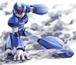  1boy android arm_cannon arm_support capcom fujino_yuuki full_body glint green_eyes hand_on_ground helmet looking_at_viewer male_focus robot rockman rockman_x simple_background smoke solo weapon white_background x_(rockman) 
