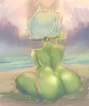  2019 4_fingers ambiguous_gender beach big_butt butt digital_media_(artwork) elemental_creature elemental_humanoid fingers flora_fauna green_body hair hi_res humanoid looking_away mrlusty nintendo not_furry nude plant plant_humanoid pok&eacute;mon pok&eacute;mon_(species) rear_view roserade sea seaside sitting solo video_games water white_hair 