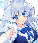  1girl absurdres animal_ear_fluff animal_ears blue_eyes blush bow bowtie breasts close-up collared_shirt english_commentary eyebrows_visible_through_hair fang hair_between_eyes highres indie_virtual_youtuber kurimochi_chizuru large_breasts long_hair long_sleeves looking_at_viewer lumi_(merryweather) second-party_source shirt silver_hair simple_background skin_fang smile virtual_youtuber white_background white_shirt wolf_ears wolf_girl 