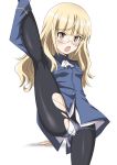  1girl :o ass_visible_through_thighs blonde_hair blush glasses kneepits leg_up legs long_hair minpei_ichigo panties pants perrine_h_clostermann solo split standing standing_on_one_leg standing_split stretch strike_witches thighs torn_clothes torn_pants underwear wavy_hair white_background white_panties world_witches_series yellow_eyes 
