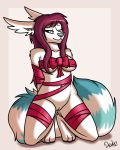  absurd_res anthro arctic_fox blue_body blue_fur breasts brown_body brown_fur canid canine drako1997 female fluffy fluffy_tail fox fur genitals hair hi_res kneeling mammal multicolored_body multicolored_fur one_eye_closed purple_hair pussy simple_background smile solo white_body white_fur 