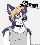  absurd_res anthro blonde_hair canid canine canis clothed clothing dean_(drako1997) drako1997 eyewear fur glasses hair hi_res male mammal multicolored_body multicolored_fur purple_body purple_fur simple_background smile solo two_tone_body two_tone_fur white_body white_fur wolf 