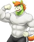  abs animal_crossing asinus biceps buck_(animal_crossing) clothed clothing donkey equid equine fur geodani green_body green_fur hair hi_res looking_at_viewer male mammal nintendo orange_hair orange_tail pecs simple_background solo triceps video_games white_background 