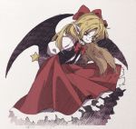  1girl bat_wings black_vest blonde_hair bow character_request closed_mouth dot_nose elis_(touhou) hair_bow holding ka_(marukogedago) leaning_forward long_hair long_skirt looking_at_viewer pointy_ears red_bow red_eyes red_skirt shirt skirt smile solo touhou vest white_shirt wings 