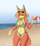  animal_crossing anthro audie_(animal_crossing) beach belly_fluff bikini canid canine canis chest_tuft clothing eyewear female hi_res mammal nintendo orang111 parasol sea seaside solo sunglasses swimwear tail_tuft tuft video_games water wolf 