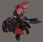  1girl animal_ears armor axe clenched_teeth commentary dress english_commentary floating_hair full_body furry greaves grey_background holding holding_axe holding_shield holding_weapon looking_at_viewer metal_boots niking original pauldrons pink_hair red_dress sharp_teeth shield shoulder_armor signature simple_background solo tail teeth vomit vomiting weapon yellow_eyes 