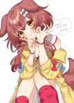  1girl :3 animal_ears ayame_(3103942) bangs blue_bow blush bone_hair_ornament bow bracelet braid breasts brown_eyes brown_hair buttons cartoon_bone chromatic_aberration cleavage closed_mouth collar dog_collar dog_ears dog_girl dog_tail dress fangs feet_out_of_frame hair_between_eyes hair_ornament hairclip happy_birthday head_tilt heart highres hololive inugami_korone jacket jewelry long_hair looking_at_viewer loose_socks low_twin_braids low_twintails off-shoulder_jacket red_bow red_collar red_legwear short_dress sitting solo tail twin_braids twintails virtual_youtuber white_dress wristband yellow_jacket 