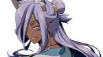  1boy animal_ear_fluff animal_ears bishounen commentary dark_skin dark_skinned_male facial_mark fox_boy fox_ears gundam gundam_build_divers hair_between_eyes hair_bun highres light_purple_hair long_hair looking_at_viewer looking_back male_focus parted_lips portrait sayshownen shahryar_(gundam_build_divers) simple_background smile solo twitter_username watermark white_background yellow_eyes 