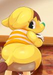  absurd_res ambiguous_gender animal_crossing anthro blush brown_hair butt clothed clothing elephant elephantid eloise_(animal_crossing) hair hi_res looking_back mammal nintendo proboscidean proboscis_(anatomy) slightly_chubby smile solo trunk_(anatomy) type video_games yellow_body yellow_skin 
