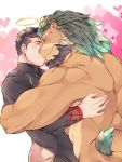  2boys animal_ears arsalan_(tokyo_houkago_summoners) ass bara beard black_bodysuit black_hair blonde_hair blush bodysuit brown_fur closed_eyes clothing_cutout completely_nude couple face-to-face facial_hair fingernails furry green_hair halo heart heart_background highres hug lion_boy lion_ears lion_tail male_focus medium_hair multicolored_hair multiple_boys muscle nude sharp_fingernails short_hair stubble tail thigh_cutout tokyo_houkago_summoners two-tone_hair yaoi youzora_samo18 zabaniya_(tokyo_houkago_summoners) 