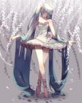  1girl absurdly_long_hair arms_at_sides ballerina ballet bangs bare_legs bare_shoulders blue_hair breasts cleavage closed_eyes collarbone crossed_legs dress en_pointe face_down flower frills full_body hair_flowing_over hair_over_shoulder hatsune_miku highres long_hair nachoz_(natsukichann) outstretched_hand plantar_flexion pointe_shoes rose standing tiptoes tutu twintails very_long_hair vocaloid watson_cross wisteria 