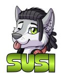  alpha_channel anthro badge black_hair canid canine canis drako1997 fur green_eyes grey_body grey_fur hair headphones headshot_portrait hi_res male mammal multicolored_body multicolored_fur portrait smile solo text tongue tongue_out two_tone_body two_tone_fur white_body white_fur wolf 
