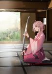  1girl ahoge architecture east_asian_architecture fate/grand_order fate_(series) haori hip_vent japanese_clothes katana okita_souji_(fate) okita_souji_(fate)_(all) pink_hair planted_weapon seiza short_hair sitting sliding_doors smile socks solo sword tatami unsheathed weapon wide_sleeves zeromomo 