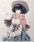  1girl black_hair blue_skirt closed_mouth cowboy_shot graphite_(medium) grey_eyes grey_headwear hat ka_(marukogedago) long_sleeves looking_at_viewer mixed_media pink_scarf scarf shiina_mayuri short_hair skirt smile solo steins;gate traditional_media 