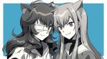  2boys androgynous animal_ears bangs blue_background border brothers cat_ears closed_mouth commentary_request eyepatch green_eyes greyscale hair_between_eyes highres long_hair looking_at_viewer loveless male_focus medical_eyepatch mole mole_under_eye monochrome multiple_boys parted_lips purple_eyes sagan_natsuo sagan_youji sayshownen shirt siblings simple_background smile spot_color turtleneck twitter_username watermark white_border 