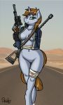  3:5 absurd_res anthro bandage bethesda_softworks blood blue_body blue_fur bodily_fluids breasts brown_hair clothed clothing crossover drako1997 equid equine fallout fallout_equestria fan_character female fluffy fluffy_tail fur genitals green_eyes gun hair handgun hasbro hi_res holding_object holding_weapon horn horse littlepip mammal my_little_pony nipple_outline nipples partially_clothed pony pussy ranged_weapon revolver rifle scar smile solo video_games weapon 