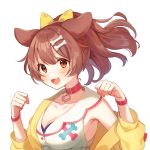  1girl :3 :d alternate_hairstyle animal_ears armpit_crease armpit_peek ayame_(3103942) bangs blush bone_hair_ornament bow bracelet braid breasts brown_eyes brown_hair buttons cartoon_bone cleavage clenched_hands collar collarbone dog_collar dog_ears dog_girl dog_tail dress eyebrows_visible_through_hair fangs hair_between_eyes hair_ornament hair_ribbon hairclip half_updo highres hololive inugami_korone jacket jewelry long_hair looking_at_viewer medium_breasts off-shoulder_jacket open_mouth ponytail red_bow red_collar ribbon side_braid sideboob simple_background smile solo tail upper_body v-shaped_eyebrows virtual_youtuber w_arms white_background white_dress wristband yellow_jacket 