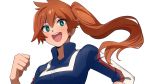  1girl :d blush boku_no_hero_academia breasts clenched_hand commentary eyebrows_visible_through_hair green_eyes hair_between_eyes happy highres kendou_itsuka large_breasts long_hair looking_at_viewer open_mouth orange_hair sayshownen side_ponytail simple_background smile solo track_suit twitter_username u.a._gym_uniform upper_body upper_teeth watermark white_background 