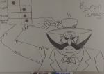  baron_tamago clothing cup eyewear facial_hair hat headgear headwear hi_res male mustache one_piece scar simple_background solo suit sunglasses tea_cup traditional_media_(artwork) white_background whiteboard wolfhoundiii 