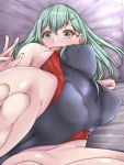 1girl aqua_eyes aqua_hair black_swimsuit blush breasts cameltoe competition_swimsuit covered_navel covered_nipples embarrassed hair_ornament hairclip highleg highleg_swimsuit kantai_collection large_breasts long_hair lying one-piece_swimsuit open_mouth shohei_(piranha5hk) solo suzuya_(kantai_collection) swimsuit 