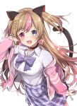  3.14 bangs blue_bow blue_eyes blue_skirt blush bow breasts brown_hair cat_tail earrings fang girls_frontline hair_ornament hairclip heart heart_earrings heterochromia jacket jewelry large_breasts long_hair long_sleeves mk23_(girls_frontline) multicolored_hair open_mouth pink_eyes pink_hair pink_jacket skirt smile swept_bangs tail very_long_hair x_hair_ornament 