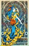  1girl art_nouveau blue_dress blue_hair dress from_behind gina_chacon long_hair looking_at_viewer open_mouth orange_eyes original personification sea_slug sleeveless sleeveless_dress smile solo watermark web_address 