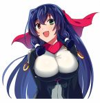  1girl :d asama_tomo bangs blue_hair breasts dark_blue_hair eyebrows_visible_through_hair green_eyes hair_between_eyes hair_tubes heterochromia kyoukaisenjou_no_horizon large_breasts long_hair looking_at_viewer open_mouth red_eyes sayshownen simple_background smile solo white_background 