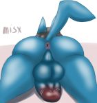  anthro anus backsack balls big_balls blue_body blue_fur butt canid canine fur genitals humanoid_genitalia humanoid_penis lucario male mammal misx nintendo penis pok&eacute;mon pok&eacute;mon_(species) presenting rear_view solo video_games 