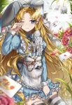  1girl alice_(wonderland) alice_in_wonderland animal_ears blonde_hair blue_eyes bunny_ears card commentary fake_animal_ears flower highres long_hair looking_to_the_side nyaruin one_eye_closed playing_card skindentation solo thighhighs tulip very_long_hair white_flower 