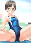  1girl absurdres black_eyes black_hair blue_swimsuit blurry breasts collarbone commentary_request competition_swimsuit depth_of_field glasses highres looking_at_viewer one-piece_swimsuit original short_hair sitting small_breasts solo spread_legs swimsuit takafumi 