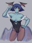  1girl absurdres blue_hair blue_skin breasts cleavage cosplay covered_navel english_commentary hand_on_hip highres lei_lei looking_to_the_side medium_breasts morrigan_aensland morrigan_aensland_(cosplay) ocatg short_hair solo v vampire_(game) yellow_eyes 