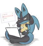  absurd_res ambiguous_gender anthro blue_body blue_fur canid canine canis computer dewottdude frustrated fur hi_res laptop lucario mammal nintendo pok&eacute;mon pok&eacute;mon_(species) simple_background sitting solo spikes video_games white_background 