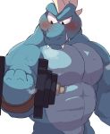  abs anthro biceps blue_body blush bottomless breath clothed clothing crocodilian donkey_kong_(series) exercise hi_res krusha male muscular muscular_anthro muscular_male nintendo panting pecs reptile scalie solo teeth topless video_games weightlifting workout yoshizaurusu_n 