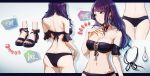  1girl ass bangs bare_shoulders bikini black_footwear blunt_bangs breasts cleavage collarbone cross-laced_bikini_top earrings hand_on_own_chest idolmaster idolmaster_shiny_colors jewelry large_breasts long_hair lower_body minyom multiple_views nail nail_polish navel necklace open_toe_shoes purple_bikini purple_eyes purple_hair purple_swimsuit sandals sidelocks simple_background solo strapless strapless_bikini swimsuit tanaka_mamimi toenail_polish toenails upper_body white_background 