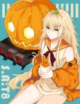  1girl 3o_c bare_legs barefoot blonde_hair blue_background character_name closed_mouth cup eyebrows_visible_through_hair girls_frontline green_eyes halloween holding holding_cup legs long_hair looking_at_viewer neck_ribbon pumpkin ribbon s.a.t.8_(girls_frontline) sitting solo 