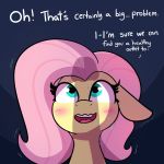  1:1 blush bodily_fluids dialogue english_text equid equine female feral fluttershy_(mlp) friendship_is_magic hair hasbro hi_res male mammal my_little_pony penis_shadow pink_hair simple_background sweat text tjpones yellow_body 