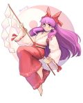  1girl artist_name barefoot english_commentary floating hair_tubes hakurei_reimu highres japanese_clothes long_hair looking_to_the_side miko ocatg purple_eyes purple_hair solo touhou touhou_(pc-98) yin_yang 