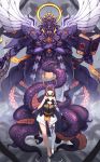  1girl absurdres bangs black_dress black_gloves blunt_bangs book breasts crossed_arms detached_sleeves dress gloves halo highres hololive hololive_english long_hair looking_at_viewer mecha mechanical_halo ninomae_ina&#039;nis pointy_ears purple_hair small_breasts smile solo syaha tentacle_hair tentacles thighhighs virtual_youtuber 