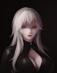  1girl absurdres bangs black_background bodysuit breasts brown_eyes chinese_commentary cleavage commentary_request expressionless hair_between_eyes hc_(user_tem2272) highres large_breasts lipstick long_hair makeup original pointy_ears red_lips solo upper_body white_hair zipper 