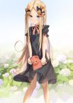  1girl abigail_williams_(fate/grand_order) bangs black_bow black_dress blonde_hair blue_eyes bow breasts dress fate/grand_order fate_(series) forehead hair_bow long_hair multiple_bows orange_bow parted_bangs polka_dot polka_dot_bow ribbed_dress sakazakinchan sleeves_past_fingers sleeves_past_wrists small_breasts 