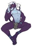  anthro blush bulge clothed clothing fangs felid fur hair hi_res jockstrap joojoo kutcher licking licking_lips lion looking_at_viewer male mammal mostly_nude pantherine purple_body purple_fur sharp_teeth sitting skimpy solo tail_tuft teeth tongue tongue_out tuft underwear white_hair 