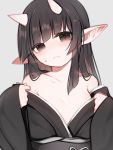  2019 3:4 asian_clothing black_hair blush bodily_fluids clothed clothing cute_fangs demon demon_humanoid east_asian_clothing female fingers flat_chested glistening glistening_hair grey_background grey_eyes hair hi_res horn horned_humanoid humanoid humanoid_pointy_ears japanese_clothing looking_at_viewer mofuaki not_furry pupils simple_background slit_pupils sweat translucent translucent_hair undressing 