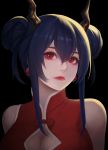 1girl absurdres arknights bangs black_background black_hair breasts ch&#039;en_(arknights) china_dress chinese_clothes cleavage double_bun dragon_horns dress expressionless hair_between_eyes hc_(user_tem2272) highres horns lipstick makeup red_eyes sidelocks solo 
